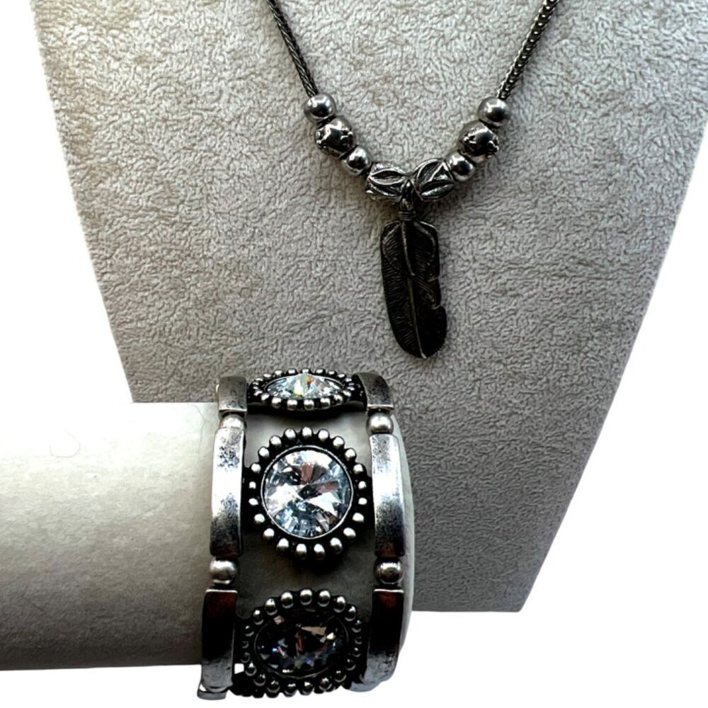 Stainless Steel Feather Necklace & Rhinestone Bracelet Set.  B95